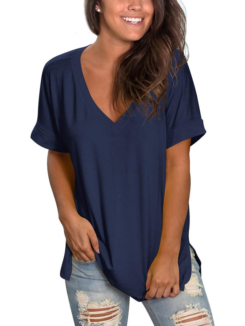 SAMPEEL Juniors Short Sleeve Tunic Tops Flowy Summer Loose Fit Tees Tops Navy Blue XL - Image 1